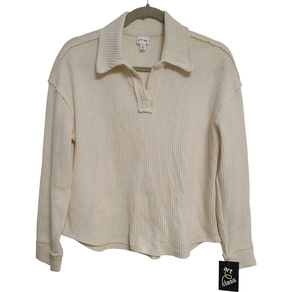 Art Class Long Sleeve Top Girls Size XL 14 Cream Waffle Knit Polo Shirt Casual